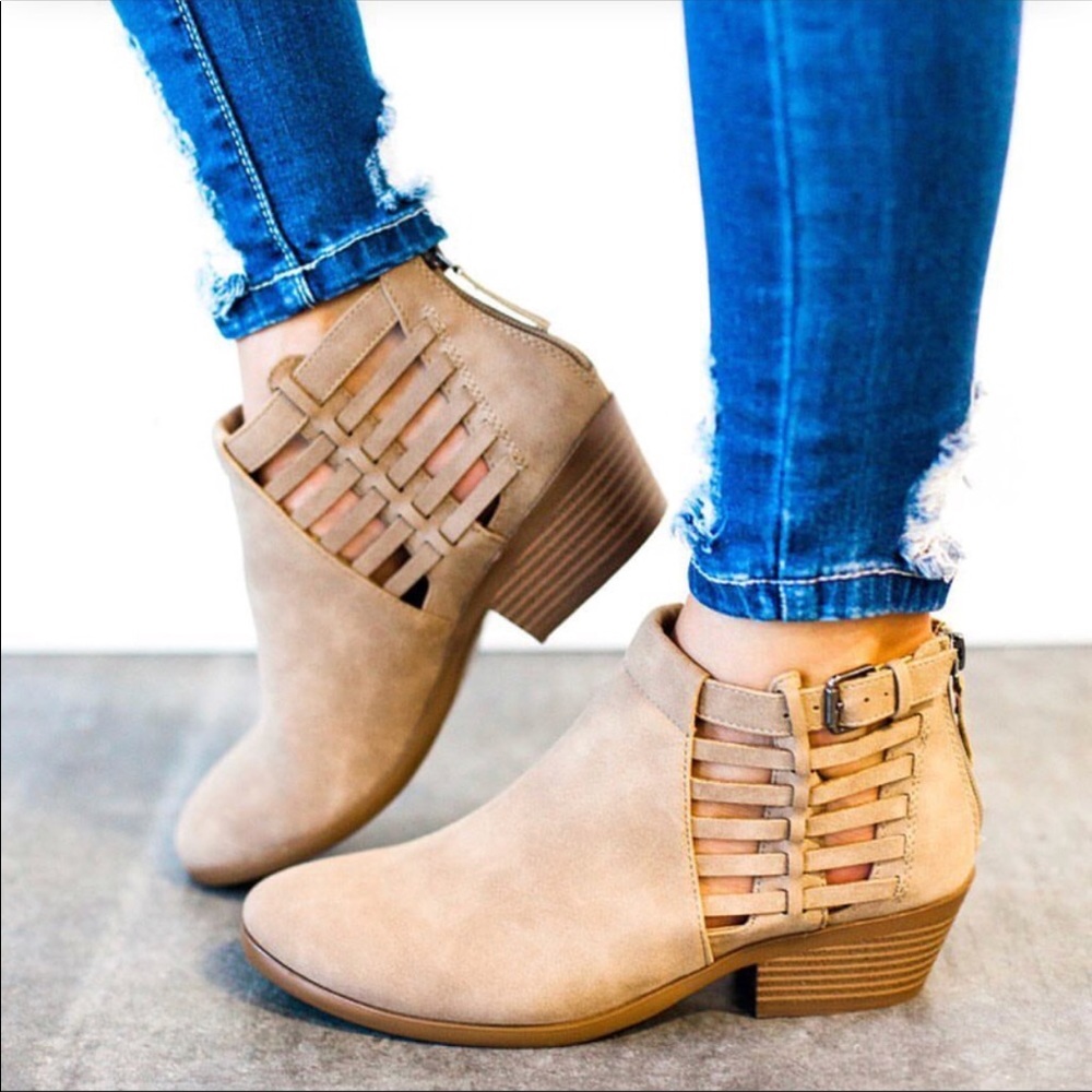Chic Taupe Cutout Sides Low Heel Ankle Booties - Picture 7 of 8